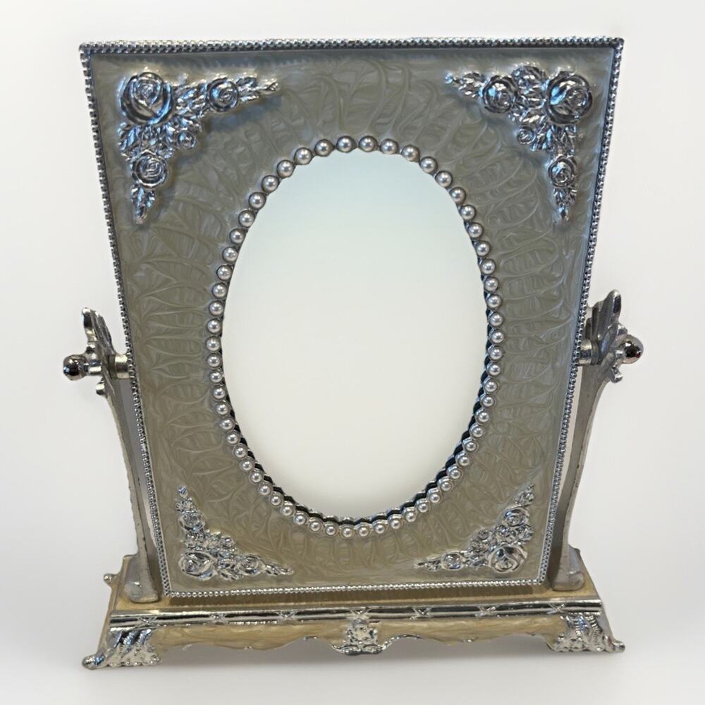 Ornate Vanity Swing Mirror Enamel Jewels Metal Frame Heavy Base Free Stand